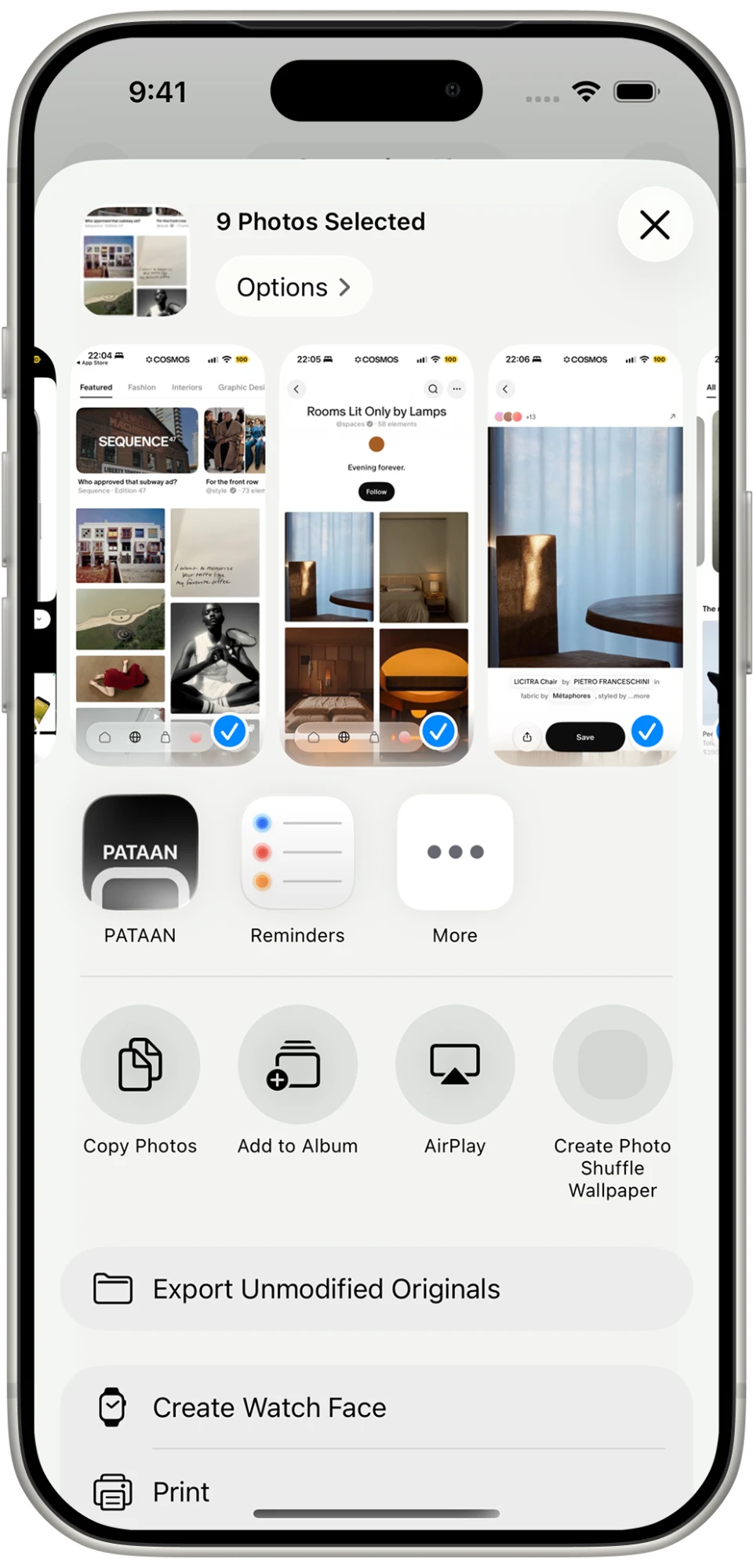 The iPhone share sheet with 9 photos selected and PATAAN as a share option